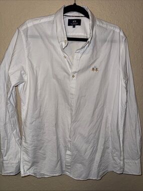 La Martina White Long-Sleeve Button-Down Shirt with Embroidered Crest